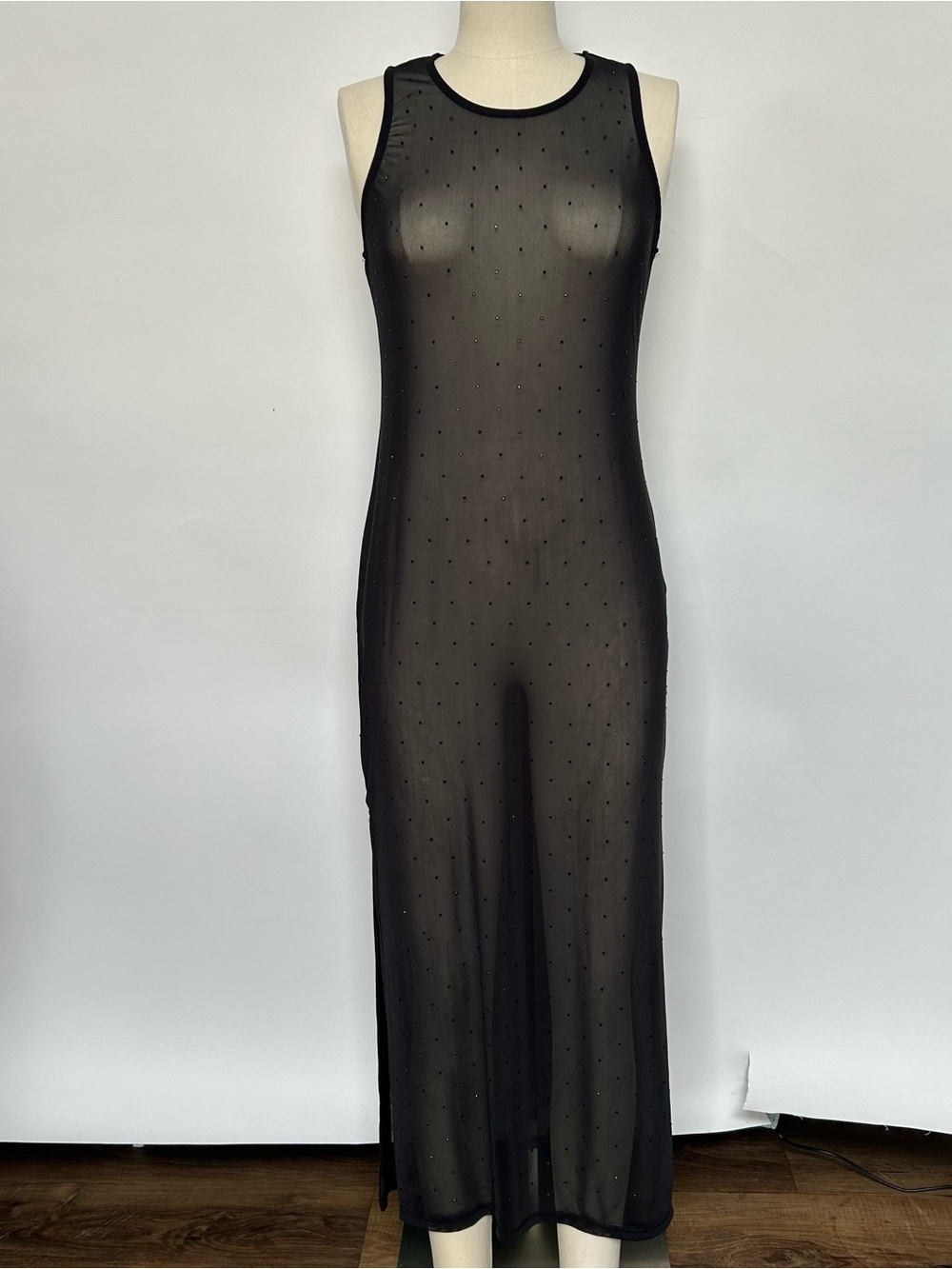 Sheer Sleeveless Maxi Slip Dress in Black